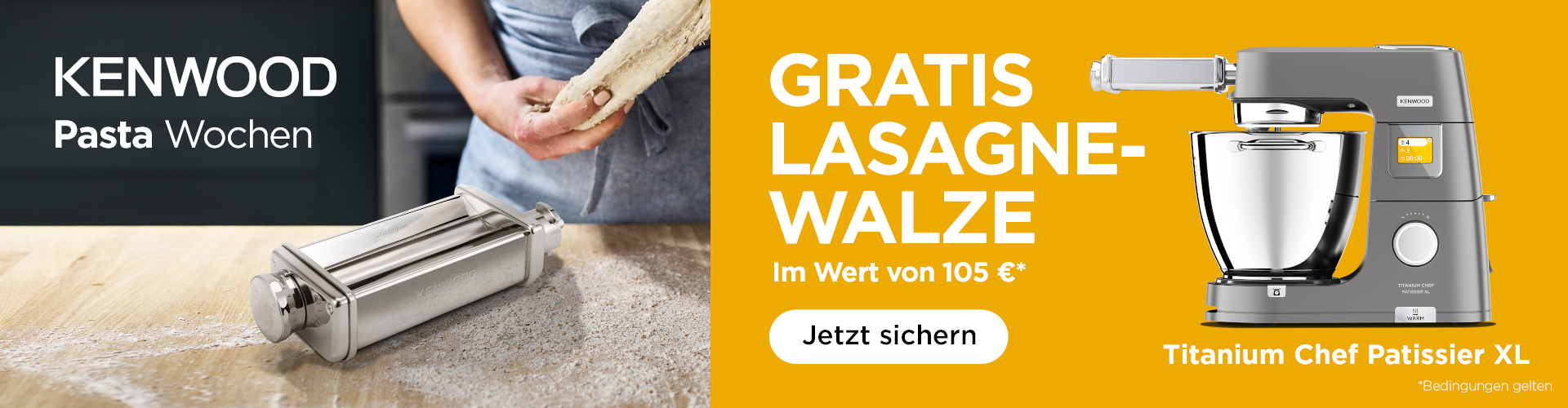 Kenwood Pasta Wochen 2026 – Titanium Chef Patissier XL kaufen und Lasagne-Walze (105 € UVP) gratis sichern. Aktionszeitraum 01.03.2026 – 31.05.2026