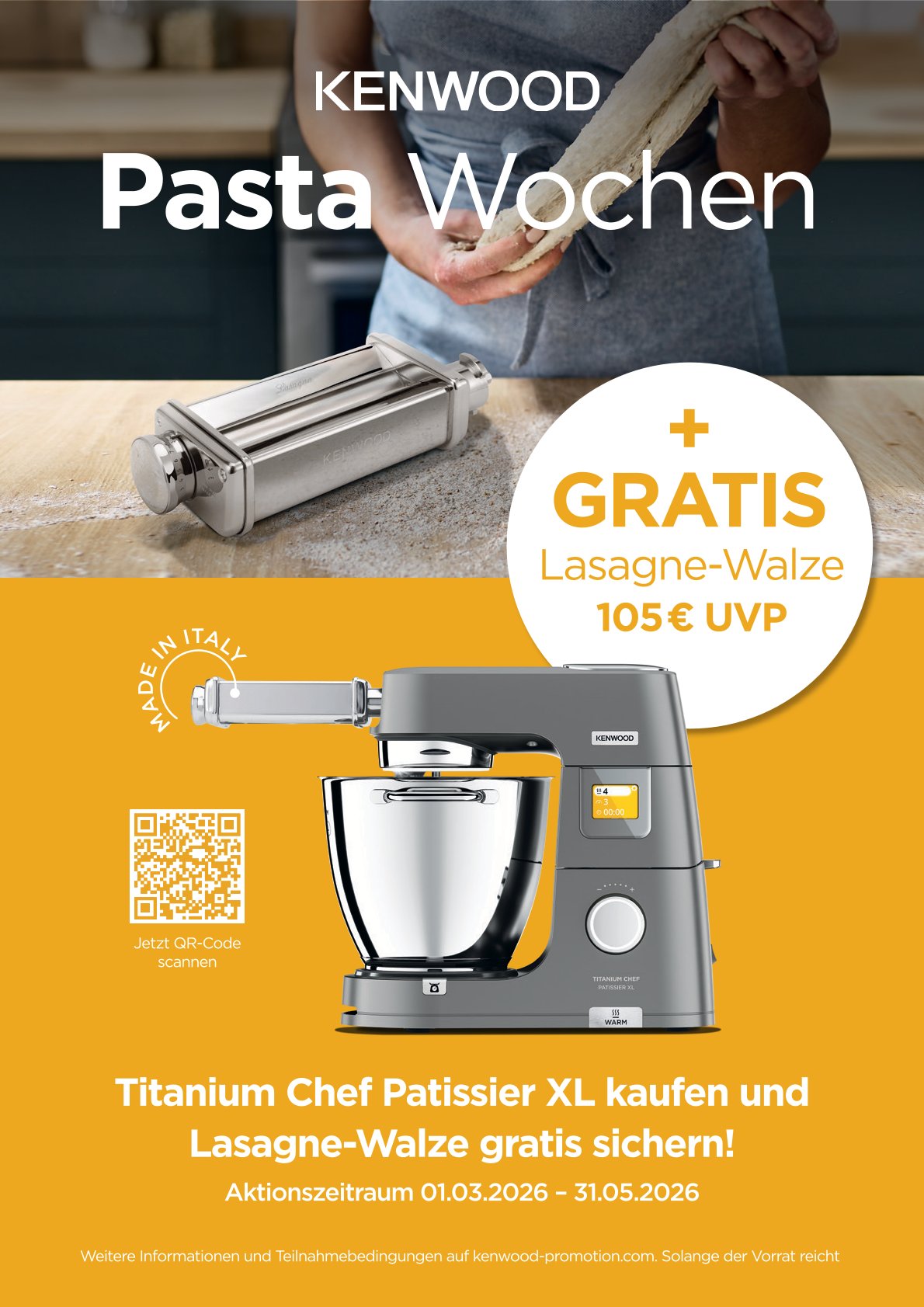 Kenwood Pasta Wochen 2026 – Titanium Chef Patissier XL kaufen und Lasagne-Walze (105 € UVP) gratis sichern. Aktionszeitraum 01.03.2026 – 31.05.2026