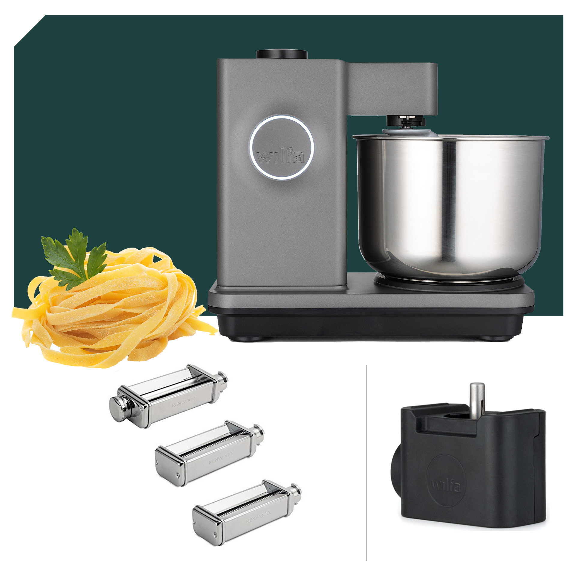 Pasta Deluxe Paket Wilfa Probaker TIMER Küchenmaschine KM2GY-T70 Grau mit 5 Jahren Garantie