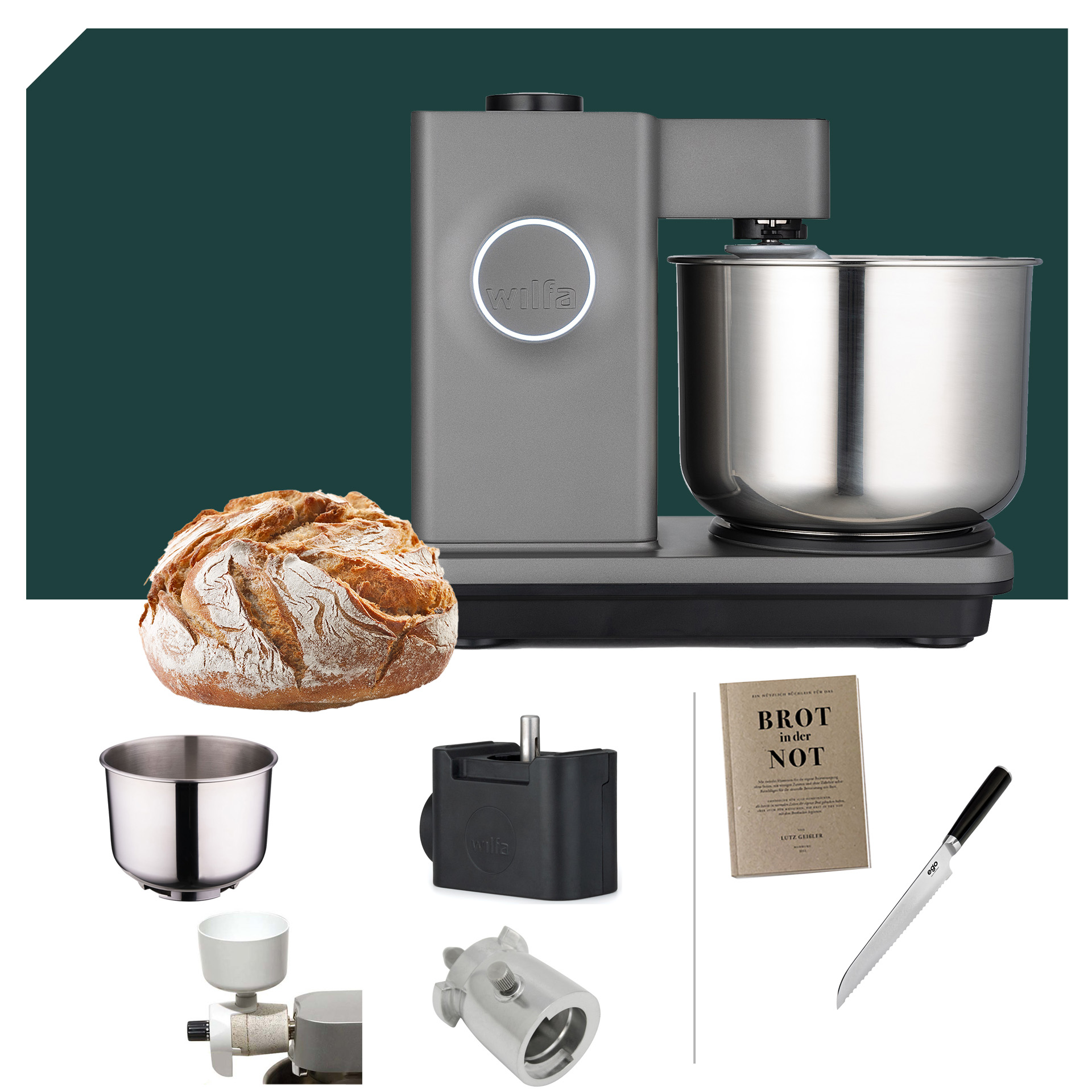 Brotback Deluxe Paket Wilfa Probaker TIMER Küchenmaschine KM2GY-T70 Grau mit 5 Jahren Garantie