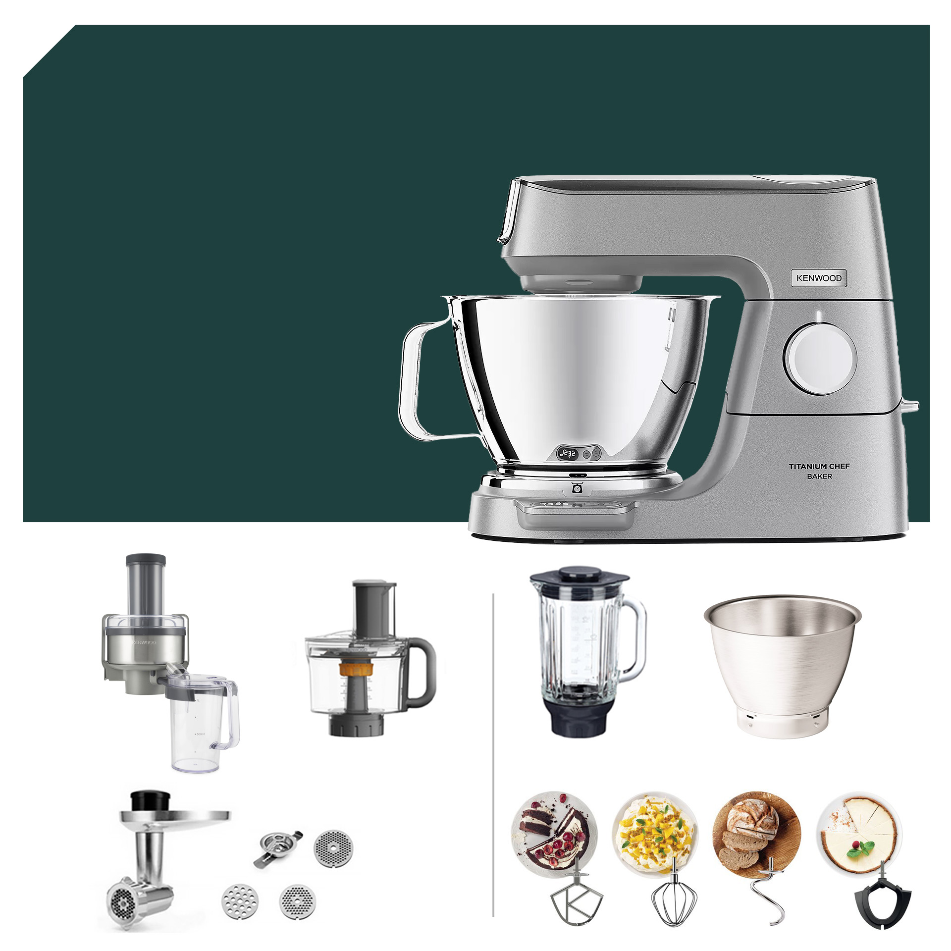 Kenwood Titanium Chef Baker KVC 85 mit Entsafter-Paket und Zubehör für vielseitiges Kochen und Backen in der Küche.