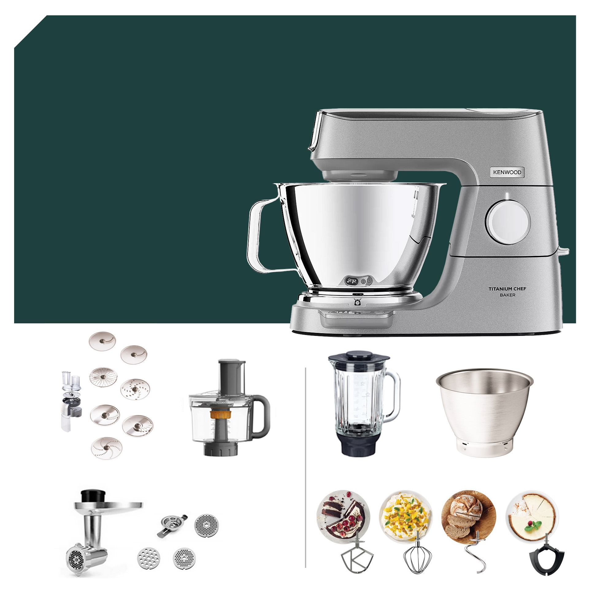 Kenwood Titanium Chef Baker KVC 85, inkl. Zubehör: Raspel, Mixbehälter, Schneebesen, Rührschüssel für vielseitige Küchenanwendungen.