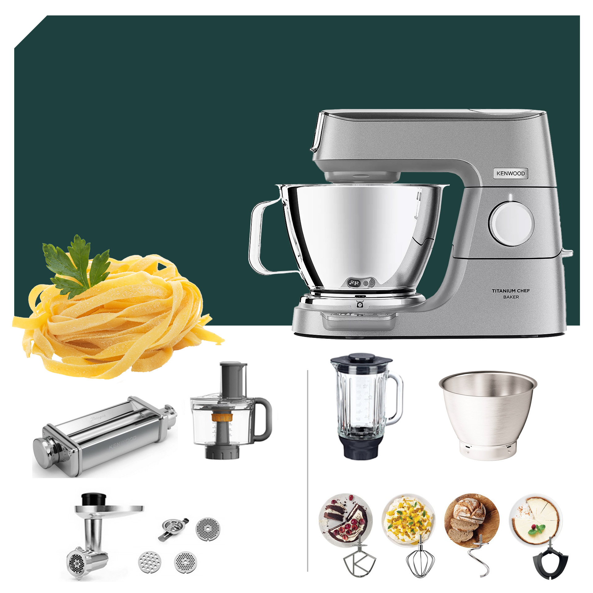 Kenwood Titanium Chef Baker KVC 85 mit Pasta Paket, Zubehör für vielseitige Küchenanwendungen, ideal zum Kochen und Backen.