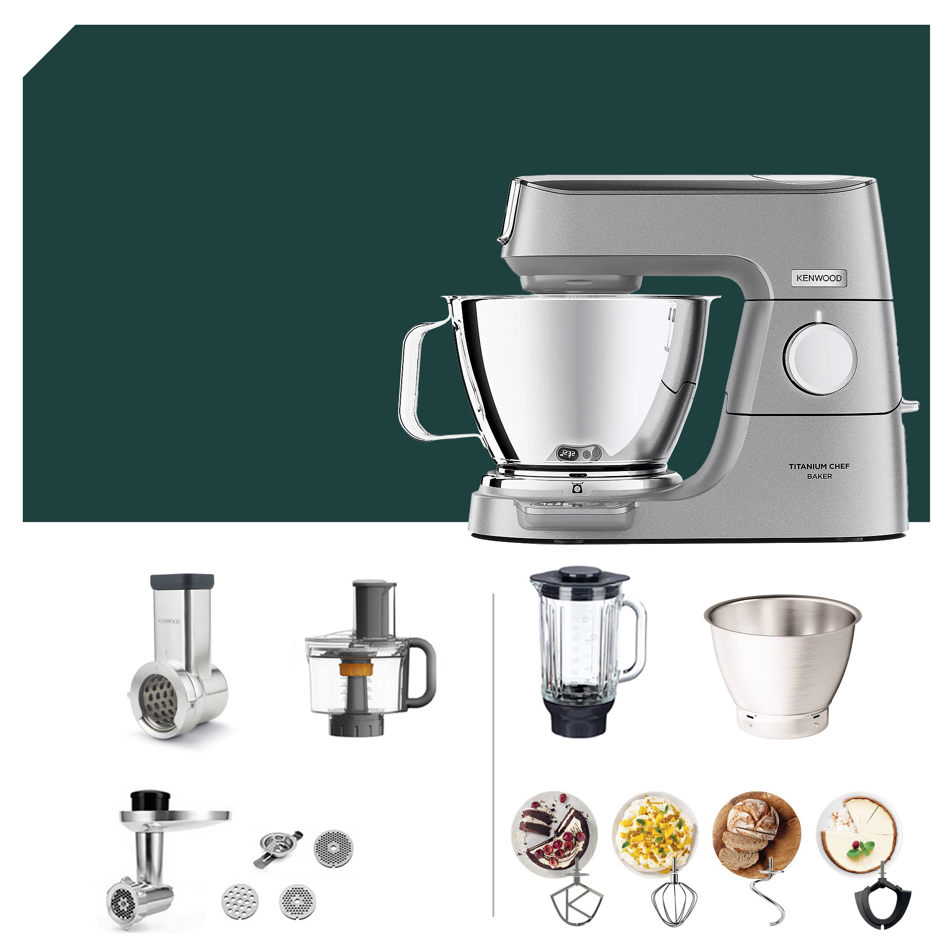 Küchenmaschinen Zubehör: Kenwood Titanium Chef Baker KVC 85 mit Reibepaket, Mixbehälter, Edelstahlschüssel und verschiedenen Rührwerkzeugen.