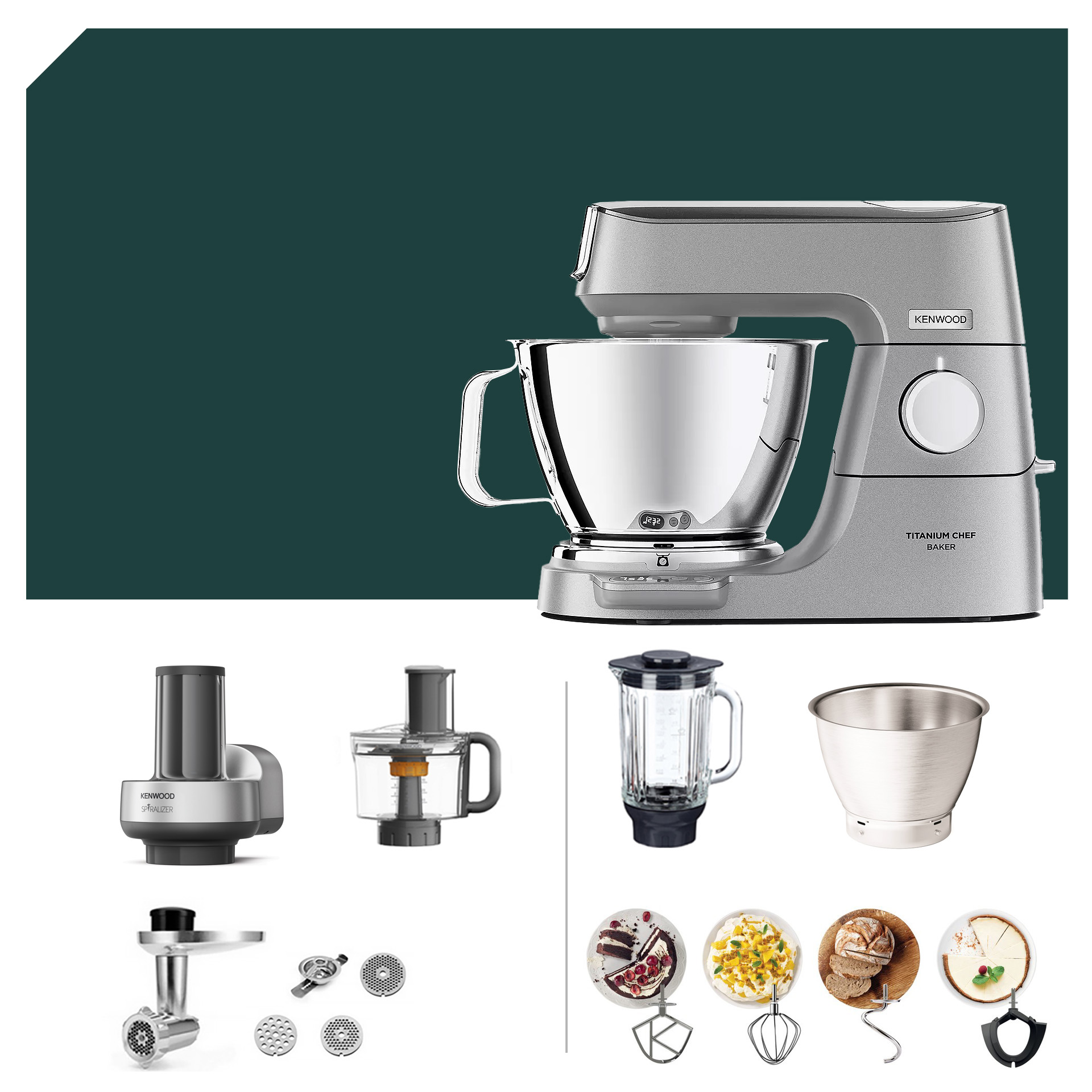 Küchenmaschine Kenwood Titanium Chef Baker KVC 85 mit Spiralschneider-Paket und umfangreichem Zubehör für vielseitige Kochmöglichkeiten.