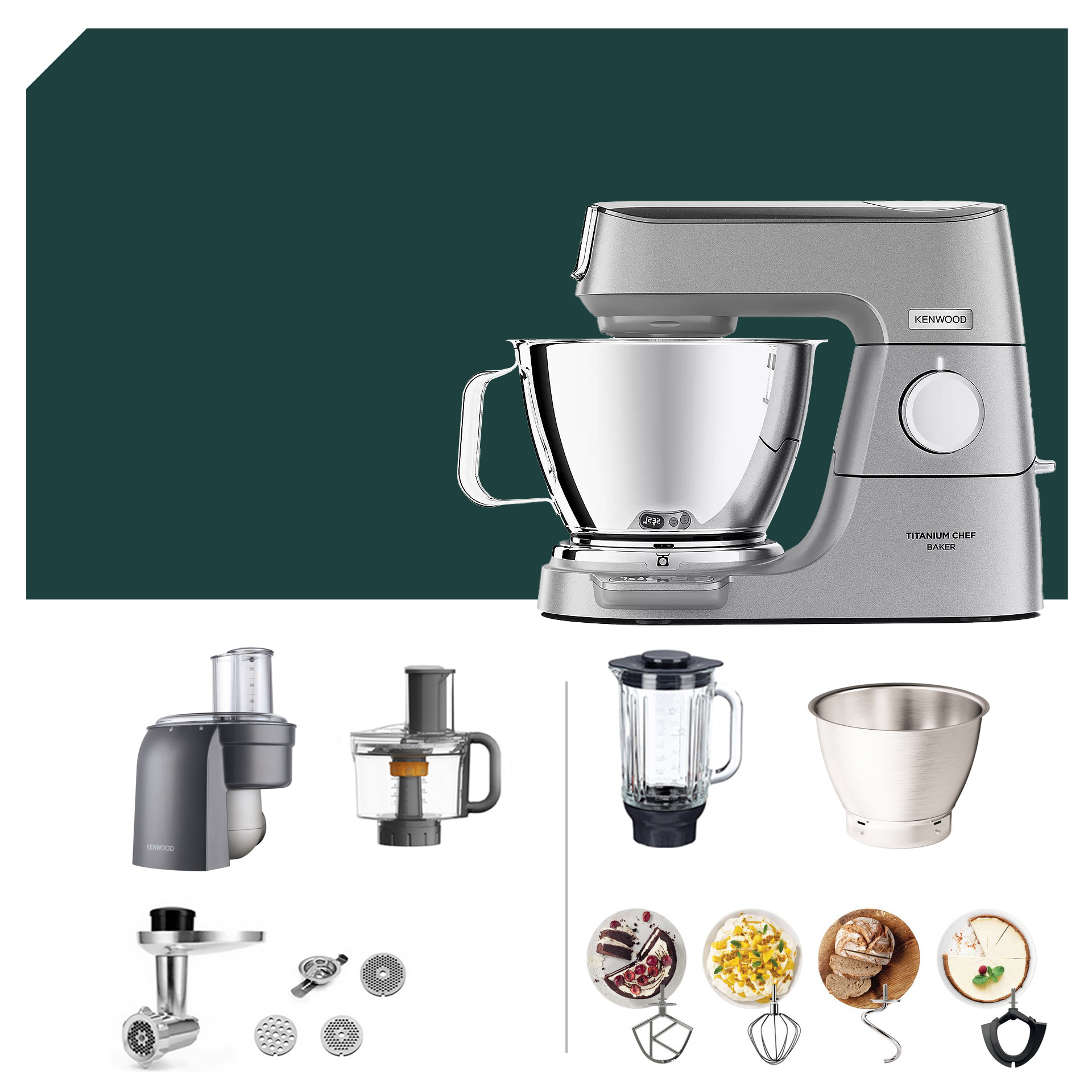 Küchenmaschinen und Zubehör: Kenwood Titanium Chef Baker KVC 85 mit Slow Juicer und Würfelschneider für vielseitige Küchenanwendungen.
