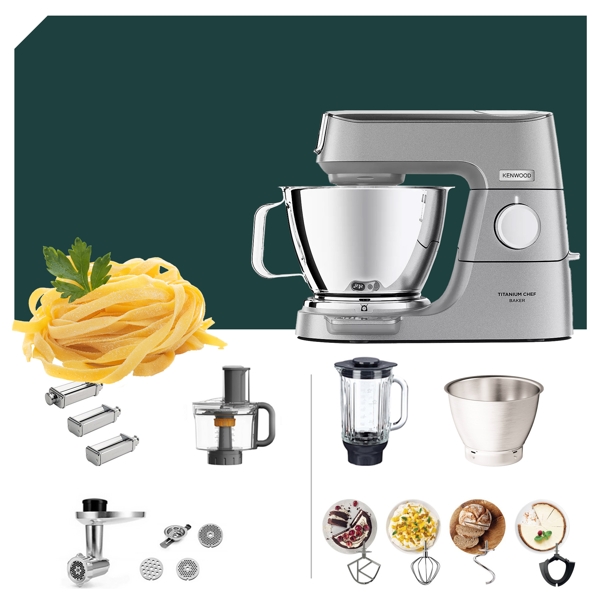 Kenwood Titanium Chef Baker KVC 85 mit Pasta Deluxe Paket: Küchenmaschine, Zubehör für Pasta, Mixer, Rührschüsseln und Aufsätze.