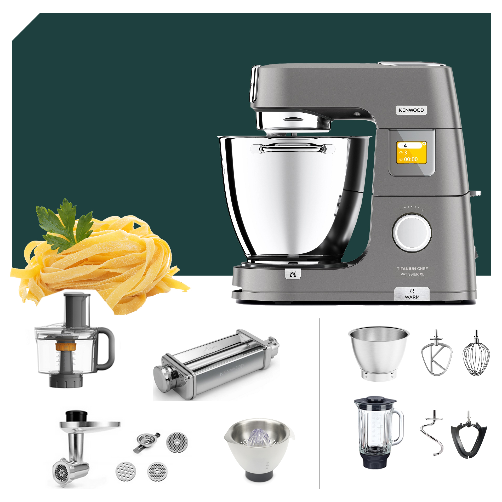 Pasta-Paket Kenwood Titanium Chef Patissier XL KWL90.594SI Küchenmaschine mit Deutscher Garantie